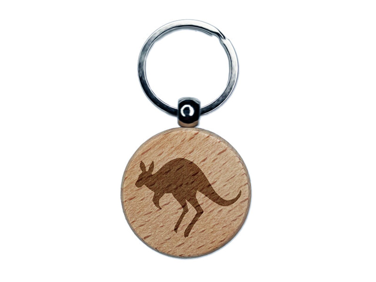 Leaping Red Kangaroo Silhouette Australian Marsupial Engraved Wood Round Keychain Tag Charm